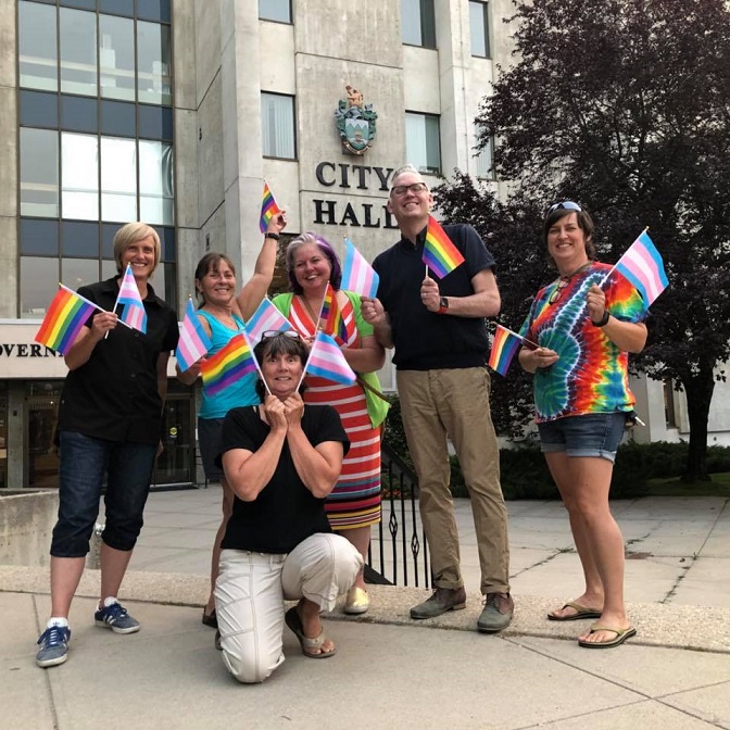 Rainbow and trans flag raising tonight at Nelson City Hall