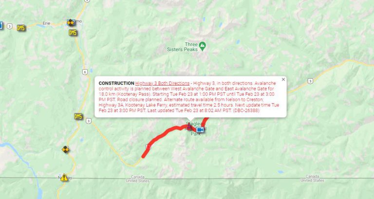 Kootenay Pass Closed 1-3 PM PST