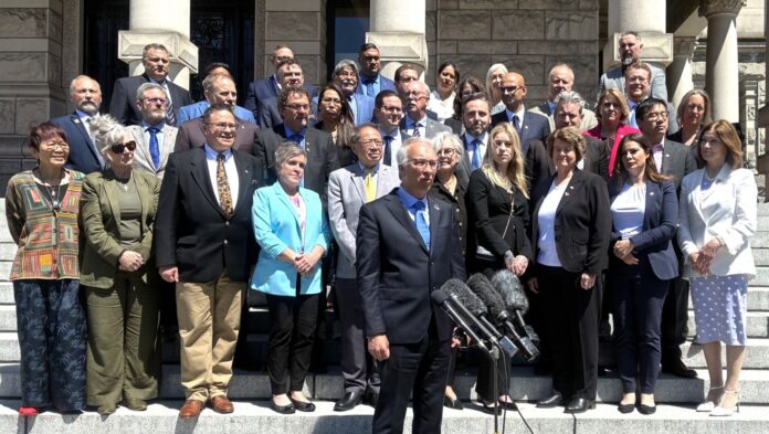 B.C. Conservative Leader John Rustad with his caucus on May 29, 2025. | Emily Joveski, Vista Radio photo