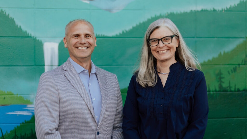 This is a photo of Columbia Basin Trust Board Chair Jocelyn Carver and President and CEO Johnny Strilaeff